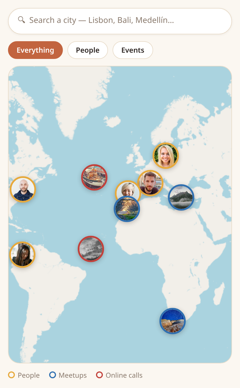 The NomadRadar radar map showing nomads, meetups and live online calls around the world