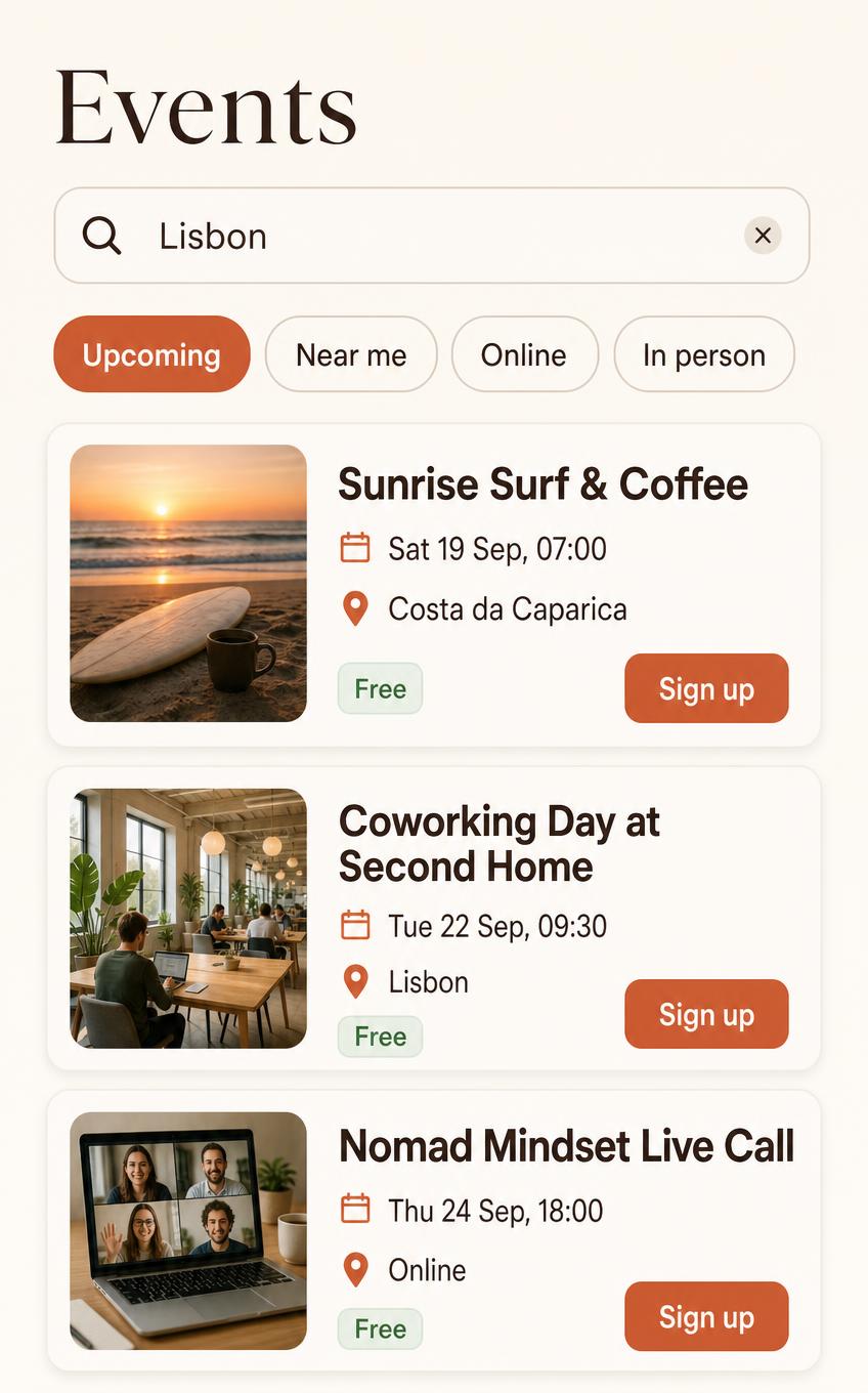 The events feed showing a surf morning, a coworking day and an online call in Lisbon