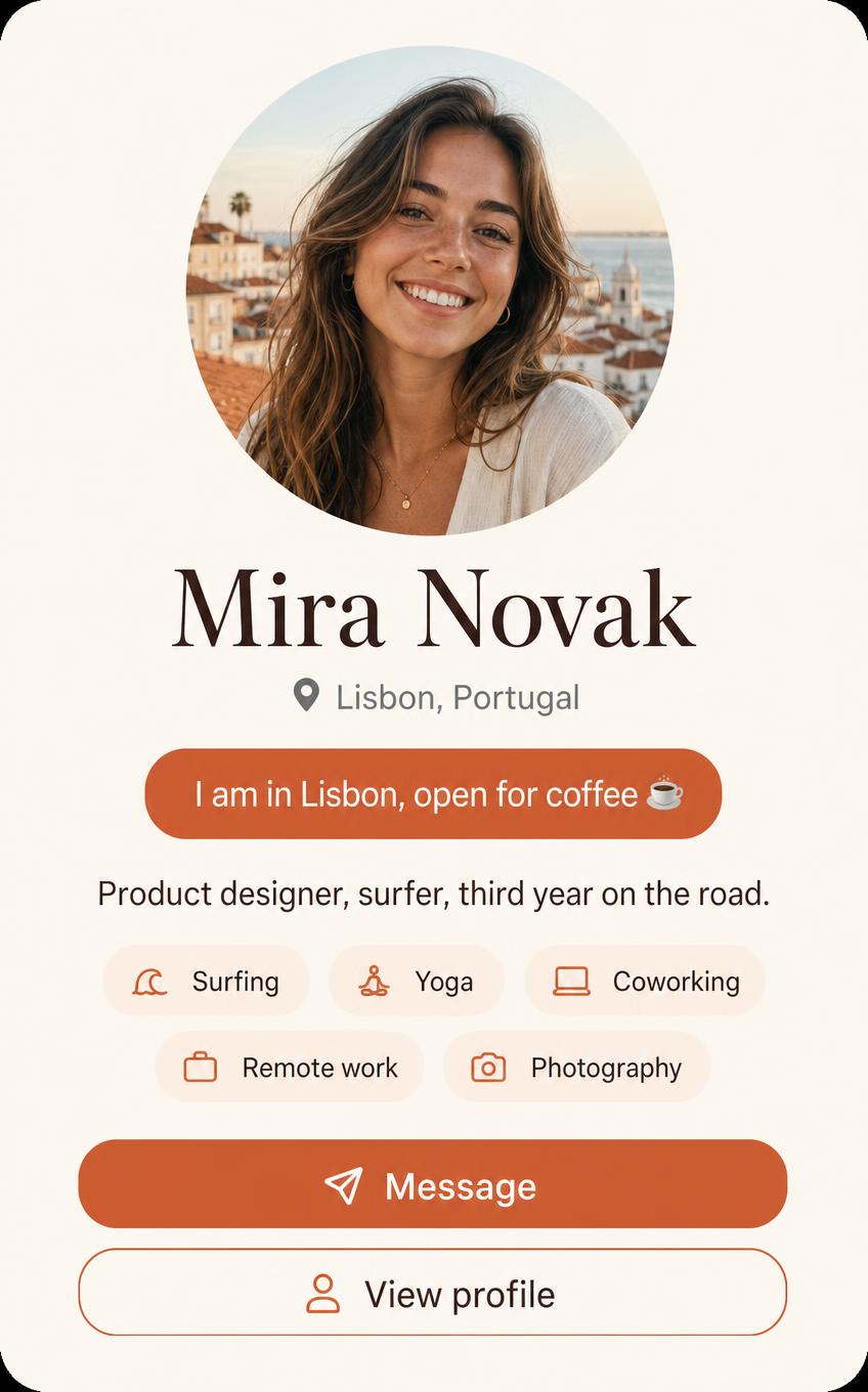 A nomad profile with the status 'I am in Lisbon, open for coffee'